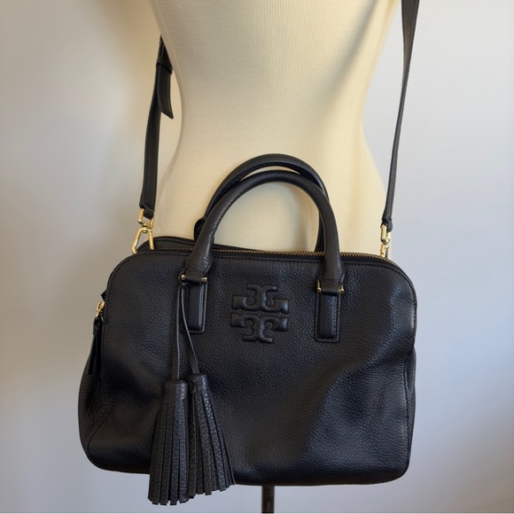 Tory Burch Black leather satchel purse with crossbody strap - Picture 1 of 6